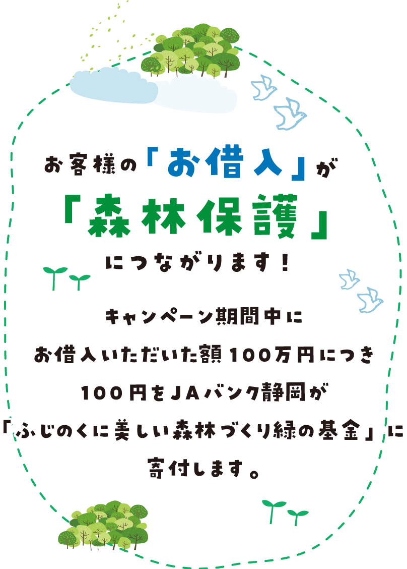 お客様の「お借入」が「森林保護」につながります!キャンペーン期間中にお借入いただいた額100万円につき100円をJAバンク静岡が「ふじのくに美しい森林づくり緑の基金」に寄付します。